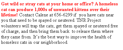 Text Box: Got wild or stray cats at your home or office? A homeless cat can produce 1,000s of unwanted kittens over their lifetime! Contact Calene at 656-6299 if  you have cats near you that need to be spayed or neutered. TNR Project volunteers will trap the cats, get them spayed or neutered free of charge, and then bring them back  to release them where they came from. Its the best way to improve the health of homeless cats in our neighborhood.  